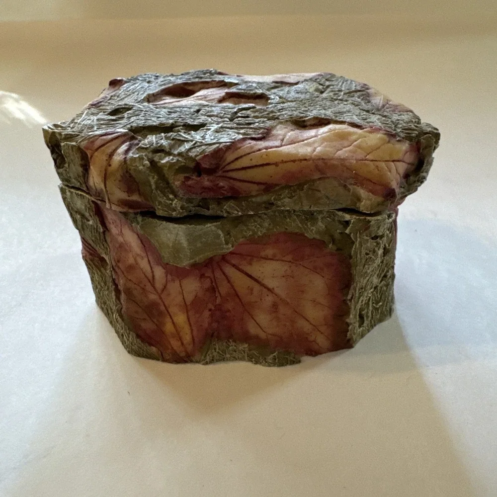Trinket Box-Leaf Impression Texture,‎ Two-Tone Hexagon Form.